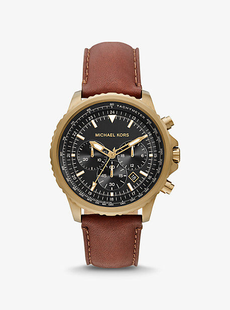 Michael Kors MK Oversized Cortlandt Leather and Antique Gold-Tone Watch - Luggage Brown