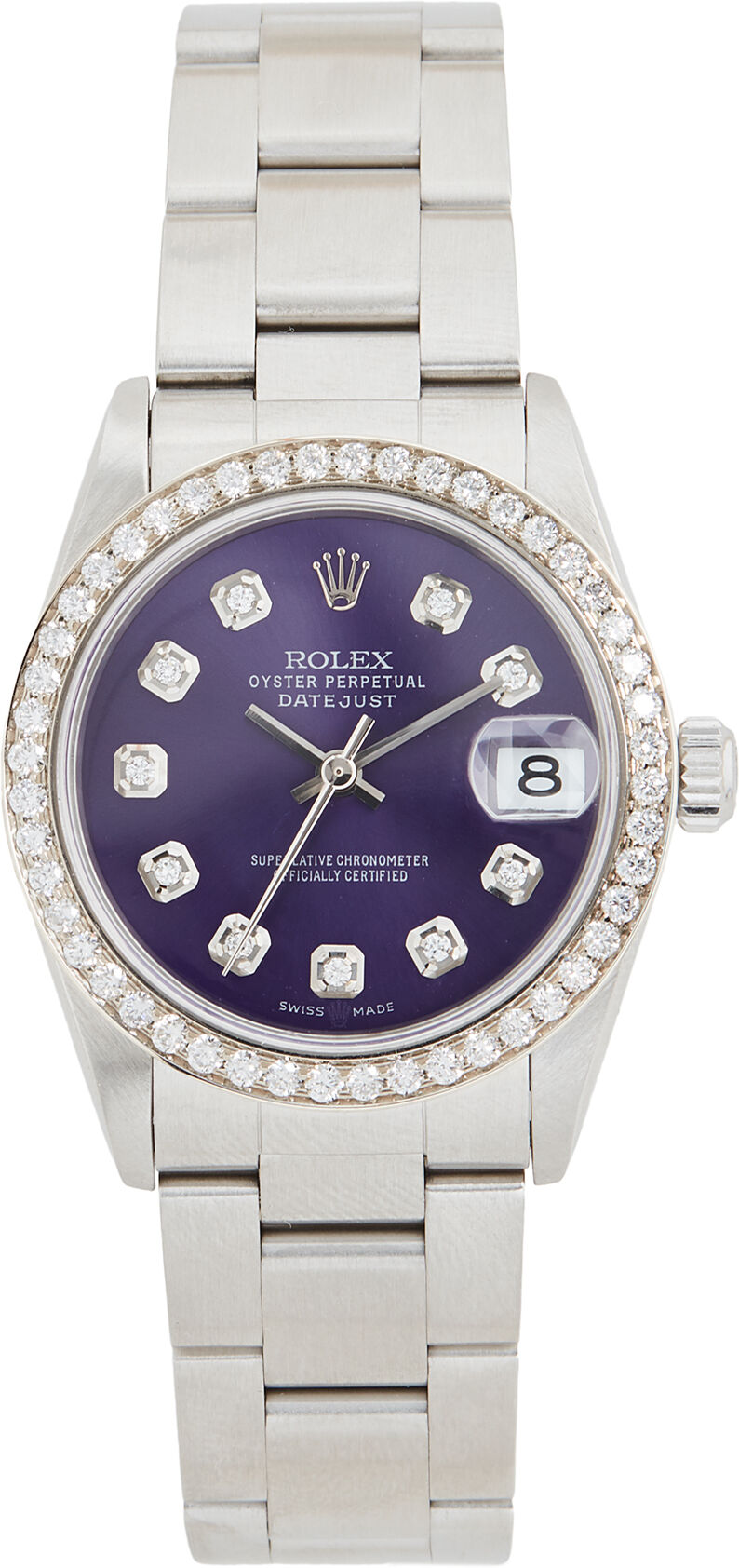 Pre-Owned Rolex Mid Size Rolex Purple Diamond Dial, Diamond Bezel, Oyster Band Silver/Purple One Size  Silver/Purple  size:One Size