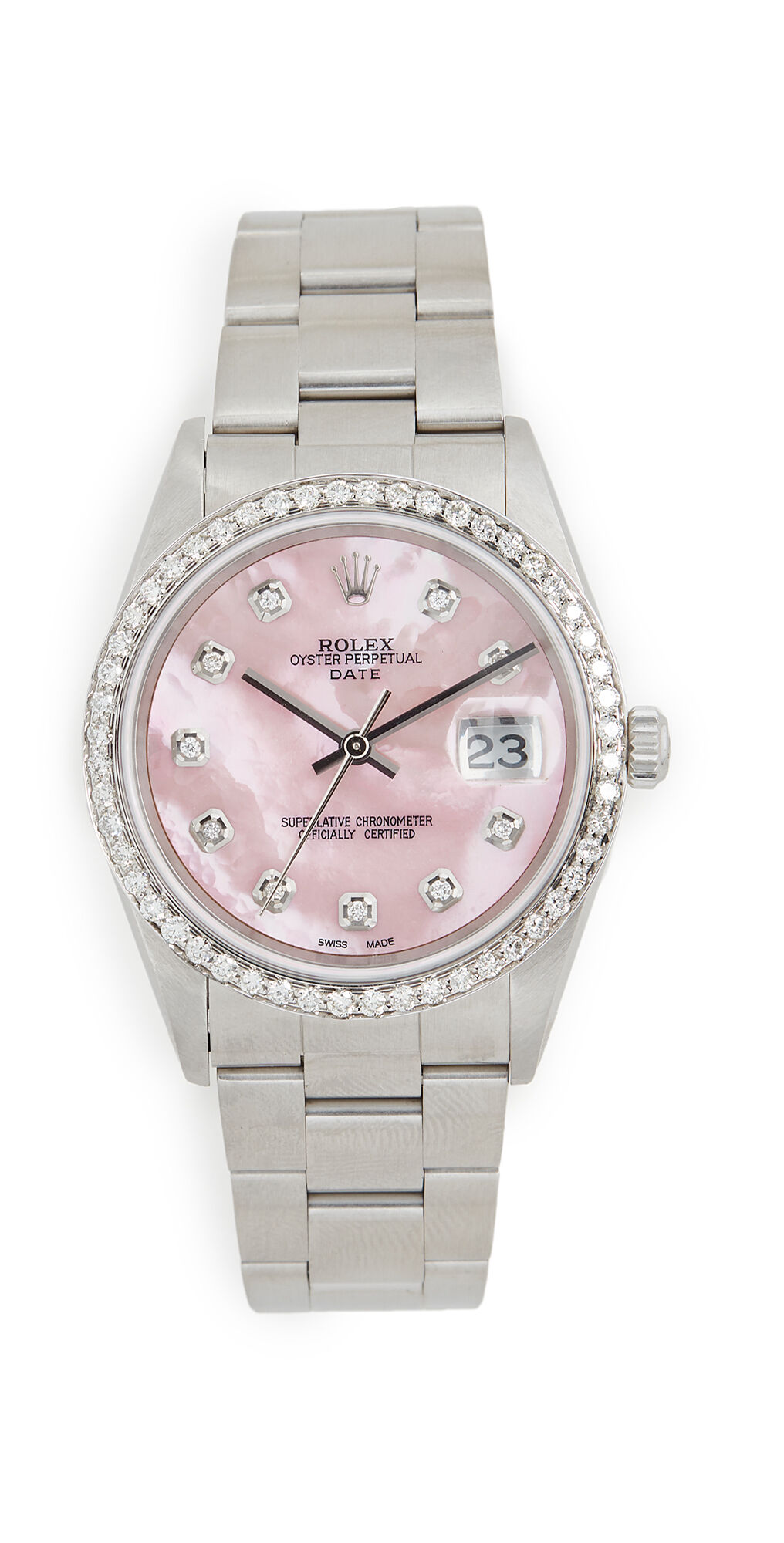 Pre-Owned Rolex 34mm Rolex Date Model Pink Mop Diamond Dial, Diamond Bezel, Oyster Band Silver/Pink One Size  Silver/Pink  size:One Size