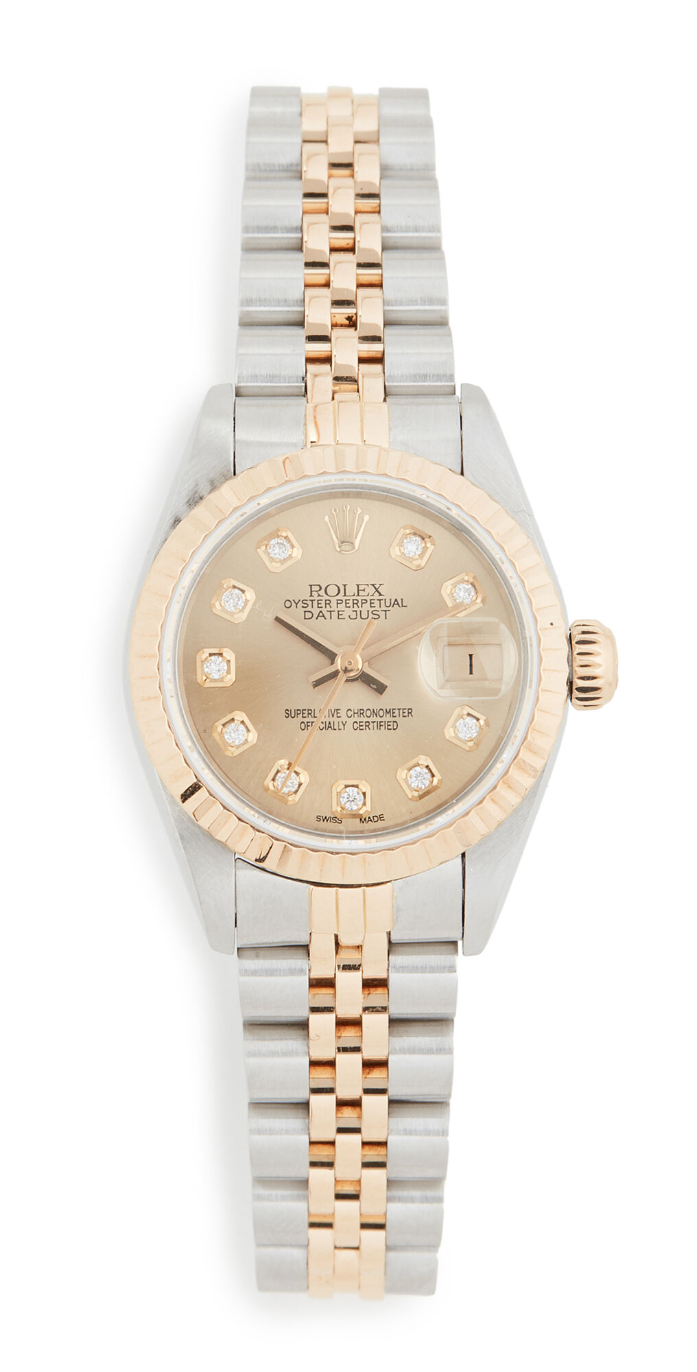 Pre-Owned Rolex Ladies Rolex Champagne Diamond Dial, Fluted Bezel, Oyster Band Silver/Gold One Size  Silver/Gold  size:One Size