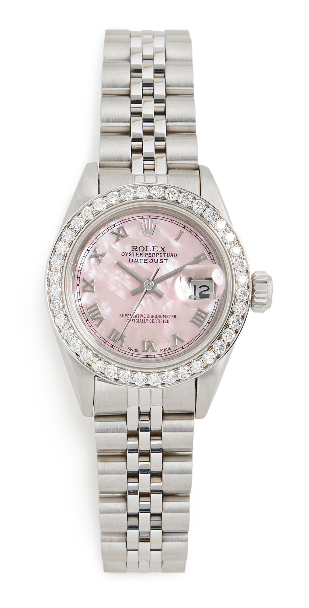 Pre-Owned Rolex Ladies Rolex Datejust Pink Mop Roman, Diamond Bezel, Jubilee Band Silver/Pink One Size  Silver/Pink  size:One Size