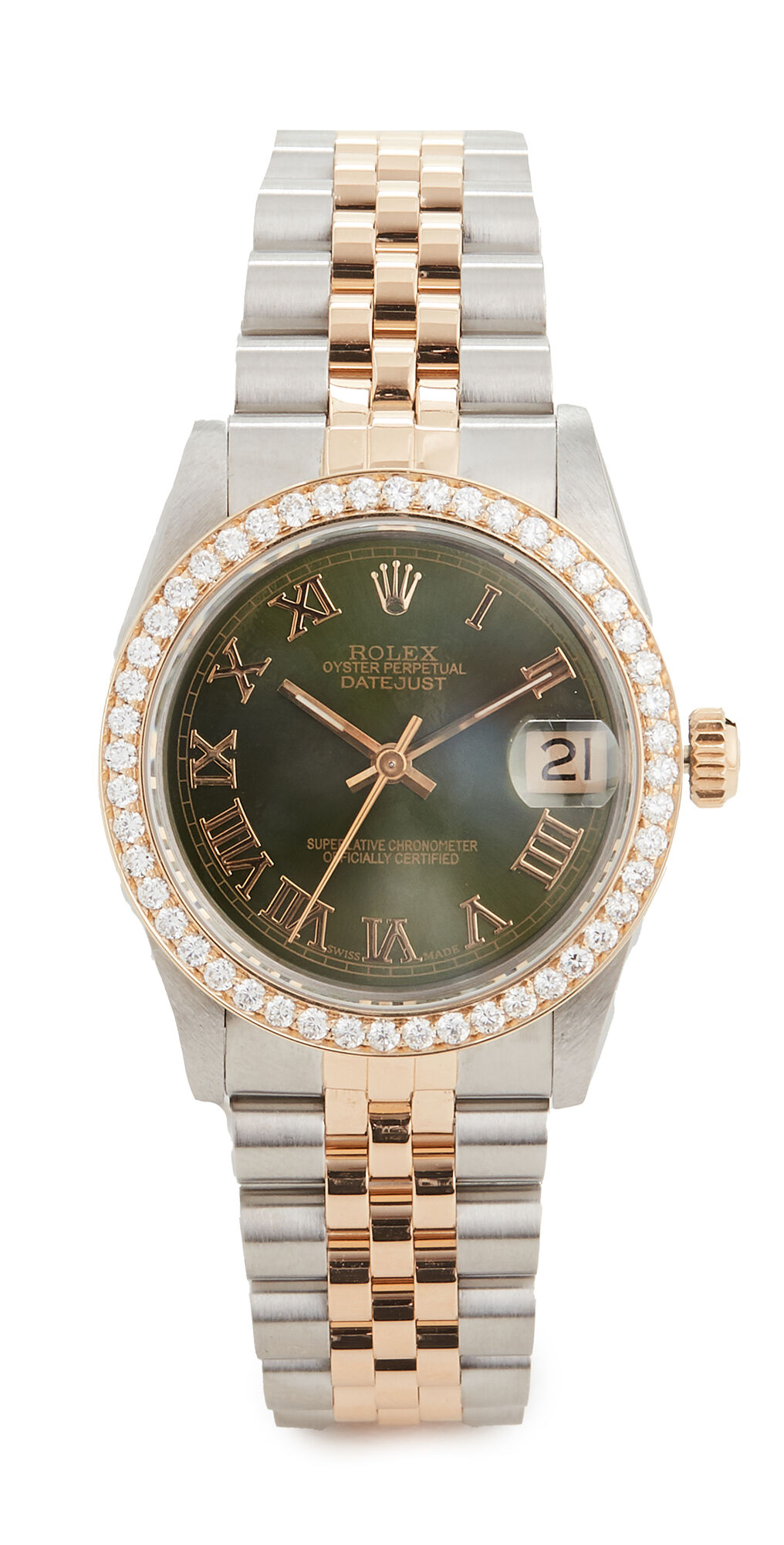 Pre-Owned Rolex Mid Size 31mm TT Rolex Date Just Olive Watch Silver/Green One Size  Silver/Green  size:One Size