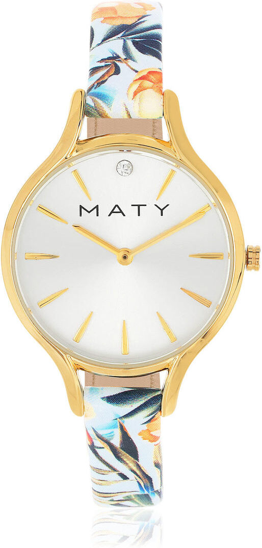 MATY Montre femme dorÃ©e jaune bracelet cuir fleurs tropicales- MATY