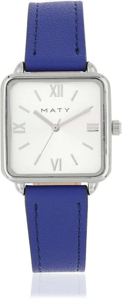 MATY Montre femme chromÃ©e carrÃ©e bracelet cuir bleu- MATY