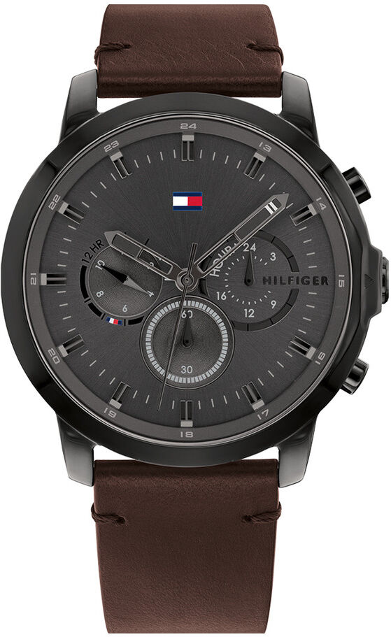 TOMMY HILFIGER Montre Tommy Hilfiger homme acier noir cuir marron- MATY