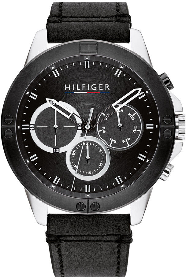 TOMMY HILFIGER Montre Tommy Hilfiger homme acier bracelet cuir noir- MATY