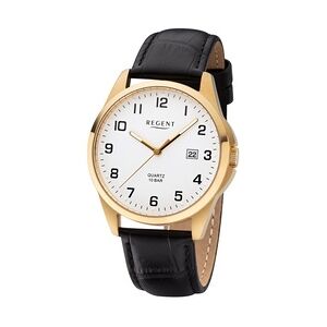 Regent Herren Armbanduhr F-1226 Edelstahl gold IP Lederband schwarz