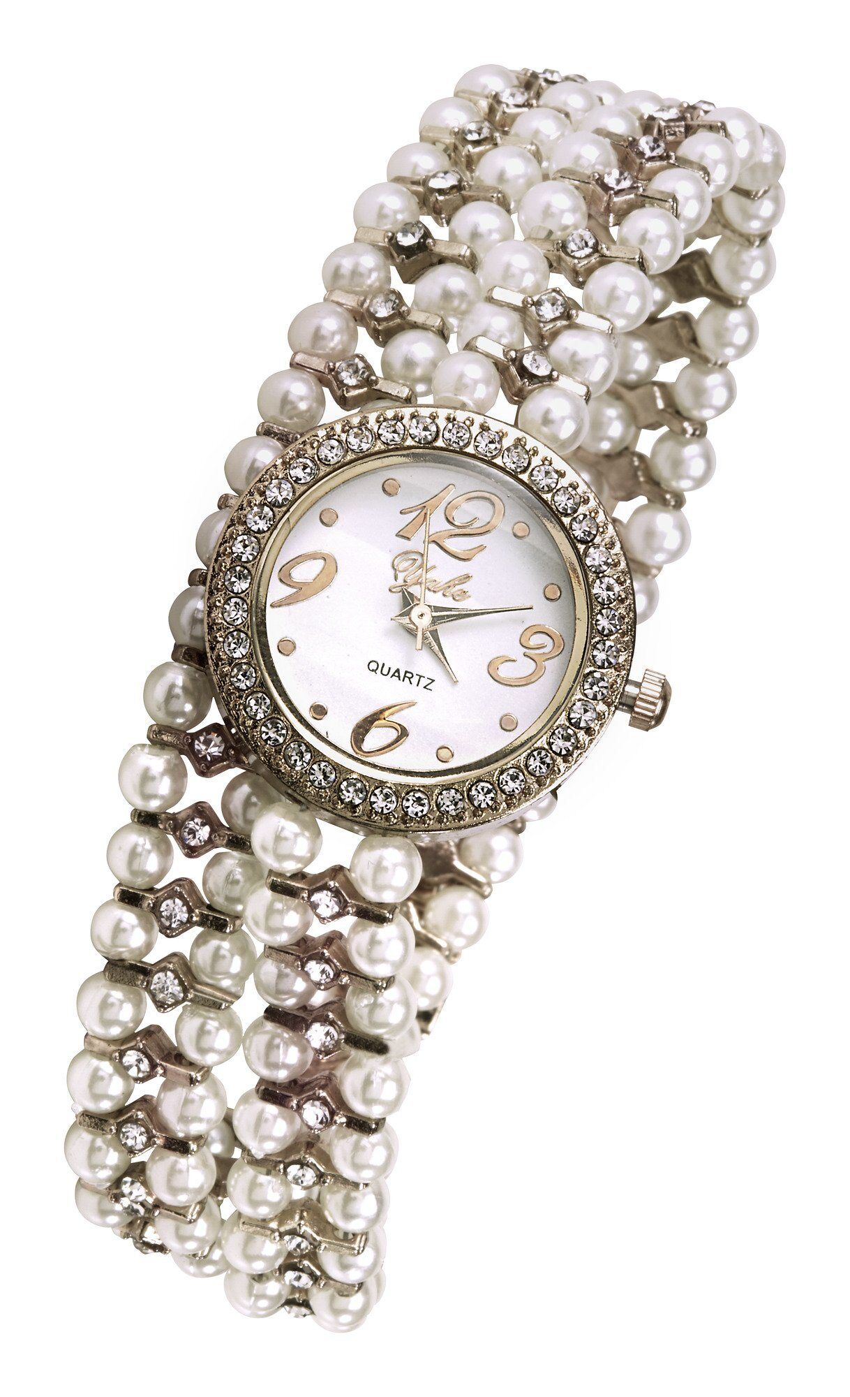 heine Armbanduhr mit Perlen und Glassteinen
