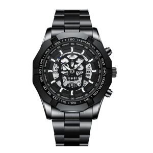 BINBOND S034 30M Waterproof Quartz Watch Skull Skeleton Luminous Watch(Black Steel Black White Nail)