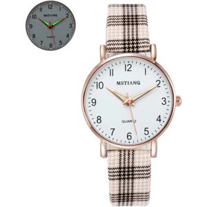 Dame retro mode lysende ur Plaid rem Quartz Watch