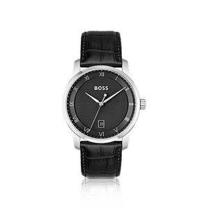 Boss Leather-strap watch with black patterned dial
