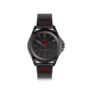 HUGO Black-dial watch with leather strap and logo details