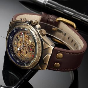 Montre mécanique automatique de Style rétro pour hommes, squelette Steampunk, bracelet en cuir véritable, à remontage automatique - Publicité