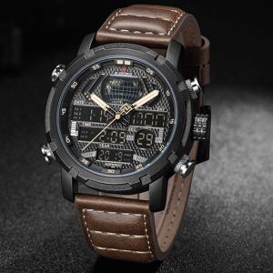 Montre numérique Naviforce Sport pour hommes, bracelet en cuir, montre-bracelet militaire à double affichage