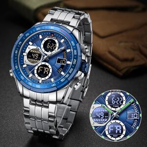 NF9197S luxe LCD analogique numérique Quartz double affichage en acier inoxydable montre pour hommes