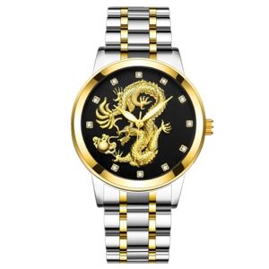 JOATVEE Montre à Quartz performante et étanche à 10 m Montre à Aiguille Lumineuse Montre à Calendrier en Or Bracelet en Acier Montre Dragon Chinois en Relief stéréo pour Hommes - Publicité