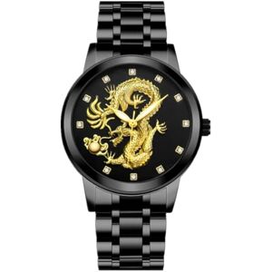 JOATVEE Montre à Quartz performante et étanche à 10 m Montre à Aiguille Lumineuse Montre à Calendrier en Or Bracelet en Acier Montre Dragon Chinois en Relief stéréo pour Hommes - Publicité