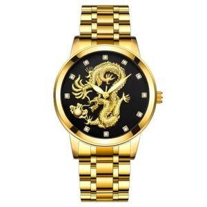 JOATVEE Montre à Quartz performante et étanche à 10 m Montre à Aiguille Lumineuse Montre à Calendrier en Or Bracelet en Acier Montre Dragon Chinois en Relief stéréo pour Hommes - Publicité