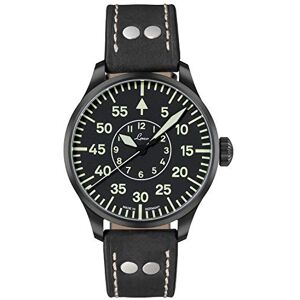 Laco Montre aviateur, automatique, boîtier en acier inoxydable, verre saphir, 5 bar, fabriquée en Allemagne, Basis Bielefeld Bracelet en cuir noir, cadran noir, Herren, bracelet - Publicité