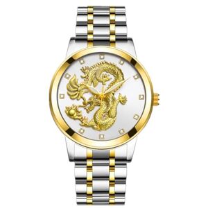 JOATVEE Montre à Quartz performante et étanche à 10 m Montre à Aiguille Lumineuse Montre à Calendrier en Or Bracelet en Acier Montre Dragon Chinois en Relief stéréo pour Hommes - Publicité