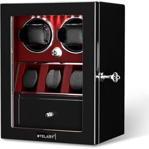 XTELARY Remontoir Montre Remontoir Automatique pour 2 Montres avec Compartiments de Rangement Flexibles et Tiroir de Rangement pour Bijoux, éclairage LED intégré, Moteurs Mabuchi Silencieux,Rouge - Publicité