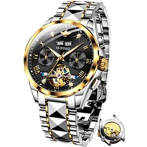 OUPINKE Montres pour hommes Automatique Mécanique Automatique Auto-remontage Squelette Luxe Cristal Saphir Diamant Acier Tungstène Étanche Robe d'affaires Montres Cadeaux, Noir/doré, Bracelet - Publicité