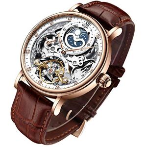 IK COLOURING Bestn Montre squelette automatique pour homme en cuir avec phrase lunaire et aiguilles lumineuses, marron, Brown, Mécanique - Publicité