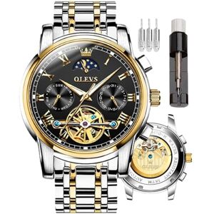 OLEVS Montre automatique pour homme Mécanique squelette à remontage automatique Montre de luxe Phase de lune Jour Date Étanche Lumineuse Deux tons Cadeaux, G6617-Or&Noir, Bracelet - Publicité