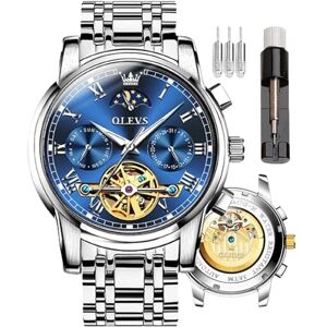 OLEVS Montre automatique pour homme Mécanique squelette à remontage automatique Montre de luxe Phase de lune Jour Date Étanche Lumineuse Deux tons Cadeaux, G6617-blanc et bleu, - Publicité