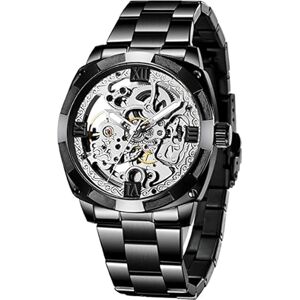 Tiong Montre Automatique Hommes Squelette Mécanique Fond en Verre Chiffres Romains Cadran Diamant Étanche Noir Hommes Montre-Bracelet avec Montres en Acier Inoxydable - Publicité