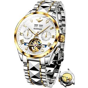 OUPINKE Montres pour hommes Automatique Mécanique Automatique Auto-remontage Squelette Luxe Cristal Saphir Diamant Acier Tungstène Étanche Robe d'affaires Montres Cadeaux, Blanc/doré, Bracelet - Publicité