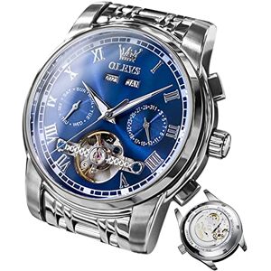 OLEVS Montre mécanique automatique pour homme avec calendrier tourbillon, étanche, lumineuse, bicolore, argent/bleu, Bracelet - Publicité