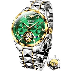 OUPINKE Montres pour homme Mécanique Remontage automatique Squelette de luxe Cristal de saphir Diamant Acier au tungstène Étanche Robe d'affaires Cadeaux, Vert/doré, Bracelet - Publicité