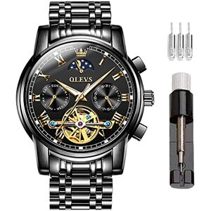 OLEVS Montre de luxe pour homme avec squelette mécanique à remontage automatique Phase lunaire Jour Date Étanche Lumineuse Deux Tons Montres Cadeaux, G6617-noir, Bracelet - Publicité