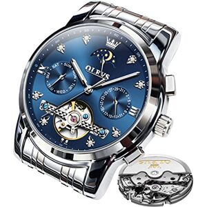 OLEVS Montre mécanique automatique pour homme squeletté avec calendrier tourbillon, étanche, lumineuse, classique de luxe, noir, argent/bleu - Publicité