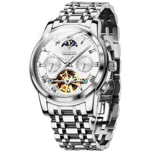 OLEVS Hommes Montre MéCanique Automatique De Luxe éTanche à Remontage Automatique Phase De Lune Chronographe Acier Inoxydable Night Light Watch Blanc - Publicité