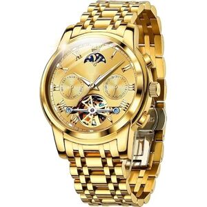 EYSHOPING Montre Homme Montre mécanique Automatique Tout Or Montre Tourbillon Creux Montre Homme Phase de Lune Date Montre étanche Lumineuse - Publicité