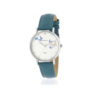 Montre femme chromÃ©e bracelet cuir bleu pÃ©trole- MATY