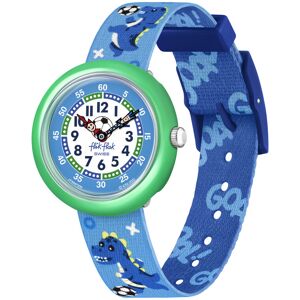 Montre FLIK FLAK Move your body enfant plastique biosourcé turquoise bracelet tissu recyclé bleu dinosaure- MATY - Publicité