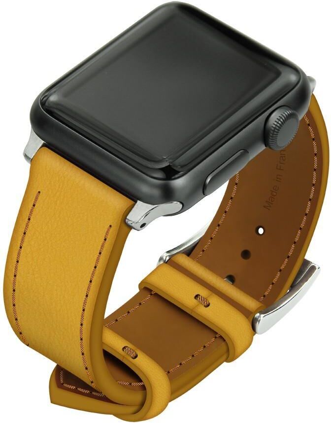 Noreve Bracelet en cuir pour montre Apple Watch – Griffe 1 Jaune soulèu Inserts 42 / 44 mm argenté + boucle ardillon argentée