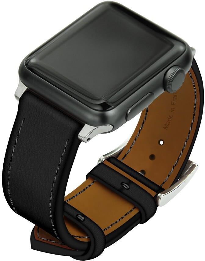 Noreve Bracelet en cuir pour montre Apple Watch – Griffe 1 Negre poudro Inserts 38 / 40 mm argenté + boucle ardillon argentée