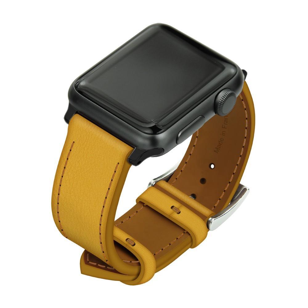 Noreve Bracelet en cuir pour montre Apple Watch – Griffe 1 Jaune soulèu Inserts 38 / 40 mm noir + boucle ardillon argentée