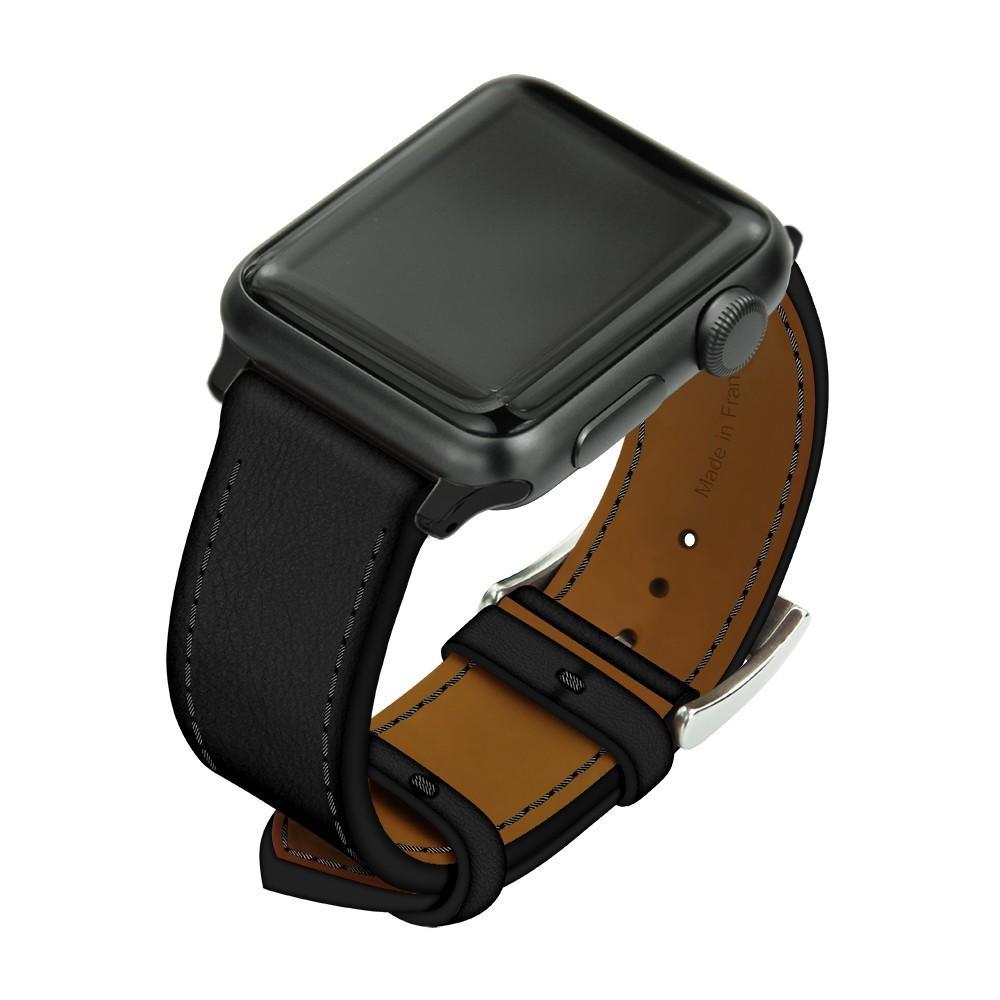 Noreve Bracelet en cuir pour montre Apple Watch – Griffe 1 Negre poudro Inserts 42 / 44 mm noir + boucle ardillon argentée