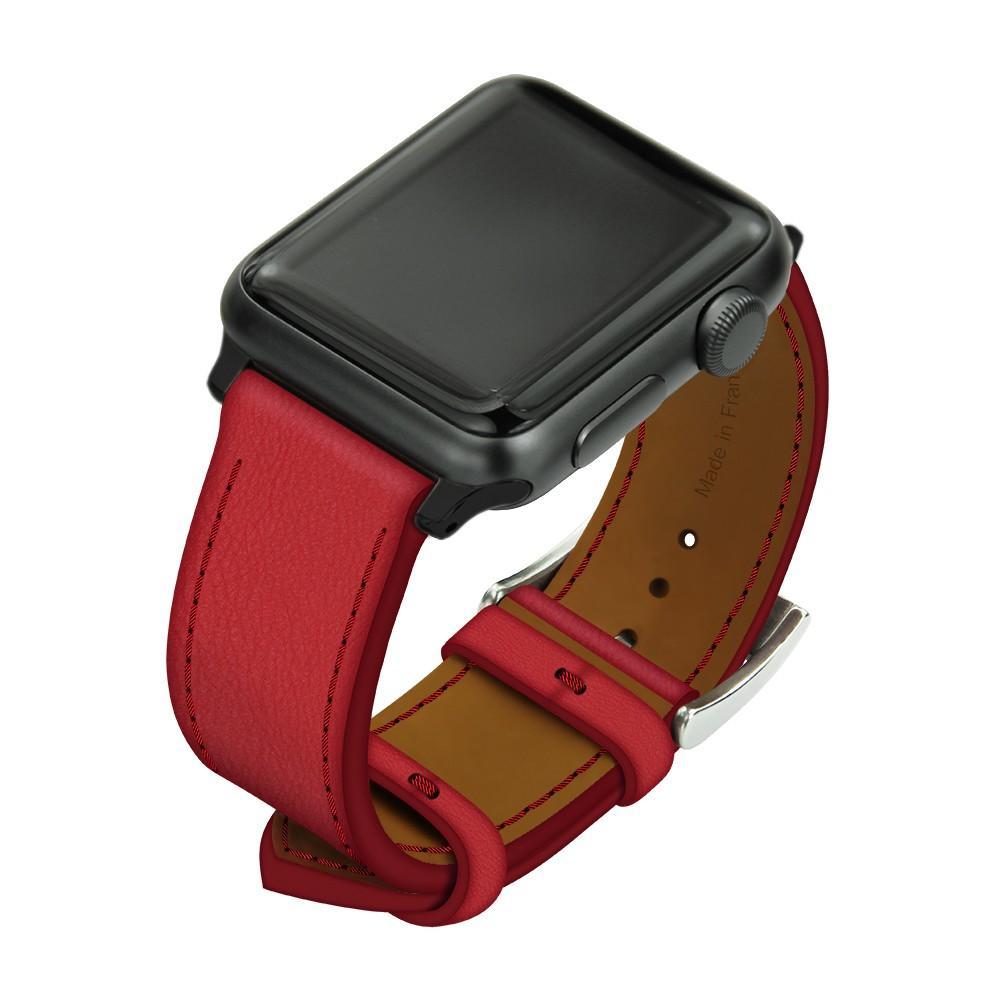 Noreve Bracelet en cuir pour montre Apple Watch – Griffe 1 Rouge troupelenc Inserts 42 / 44 mm noir + boucle ardillon argentée