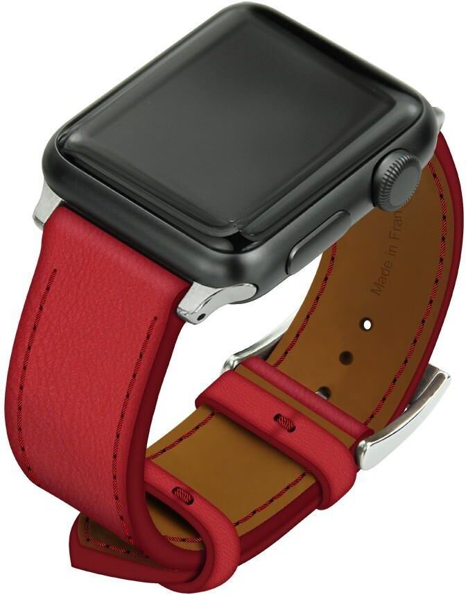 Noreve Bracelet en cuir pour montre Apple Watch – Griffe 1 Rouge troupelenc Inserts 38 / 40 mm argenté + boucle ardillon argentée