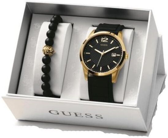 Guess Coffret Montre Homme Acier Doré Silicone Noir + Bracelet Perle UBS84305