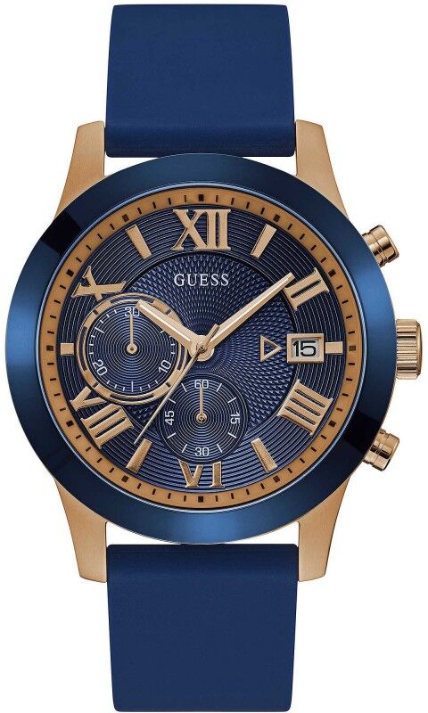 Guess Atlas Montre Homme Chrono Acier Doré Rose Silicone Bleu W1055G2