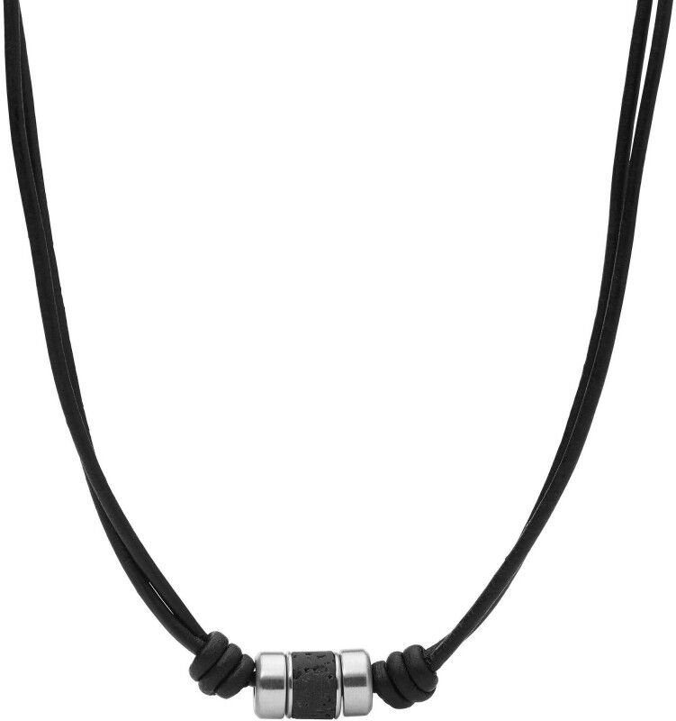 Fossil Caravan Collier Homme Cordon Noir Acier et Pierre de Lave JF03690040