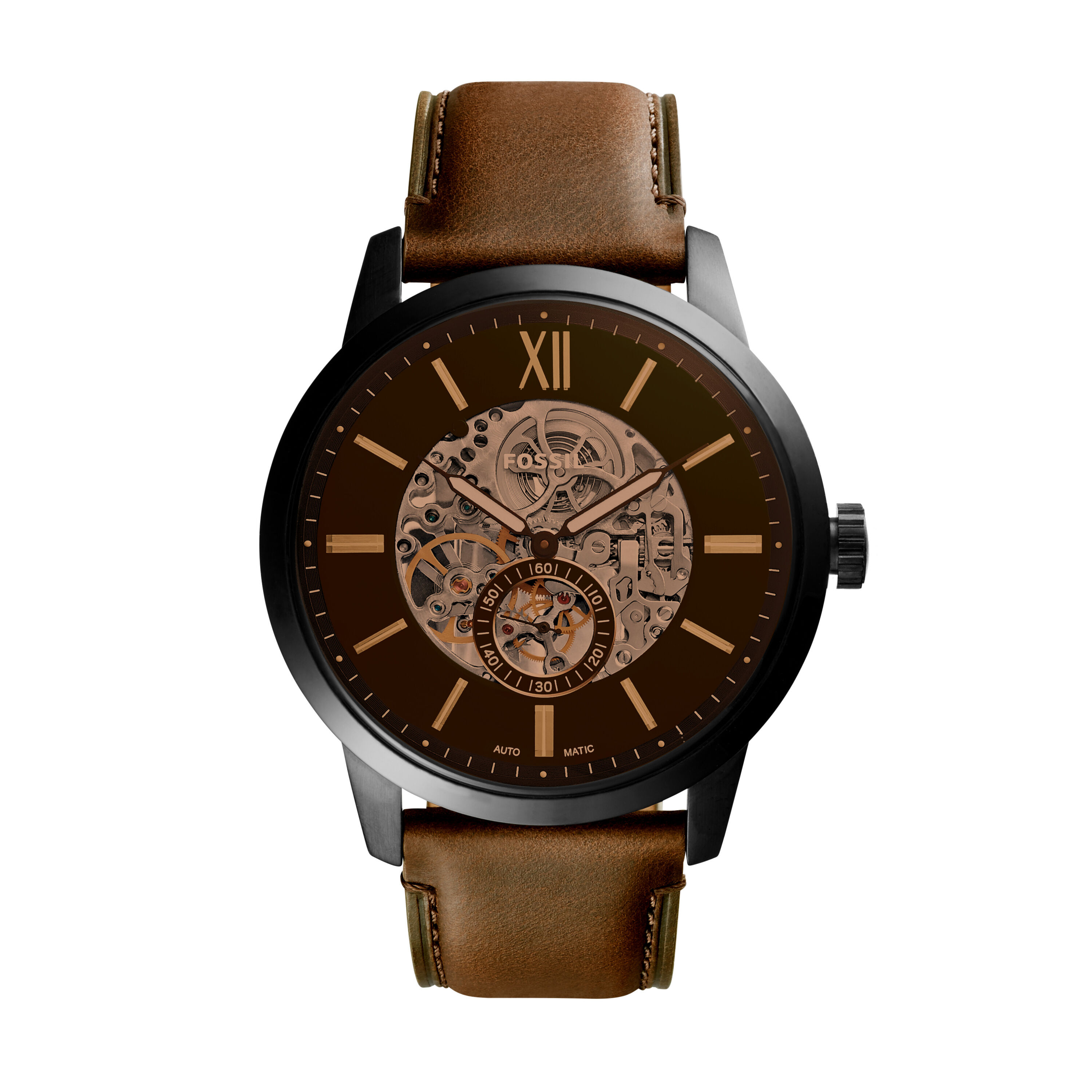 Fossil ME3155 Horloge Townsman staal-leder zwart-bruin 48 mm