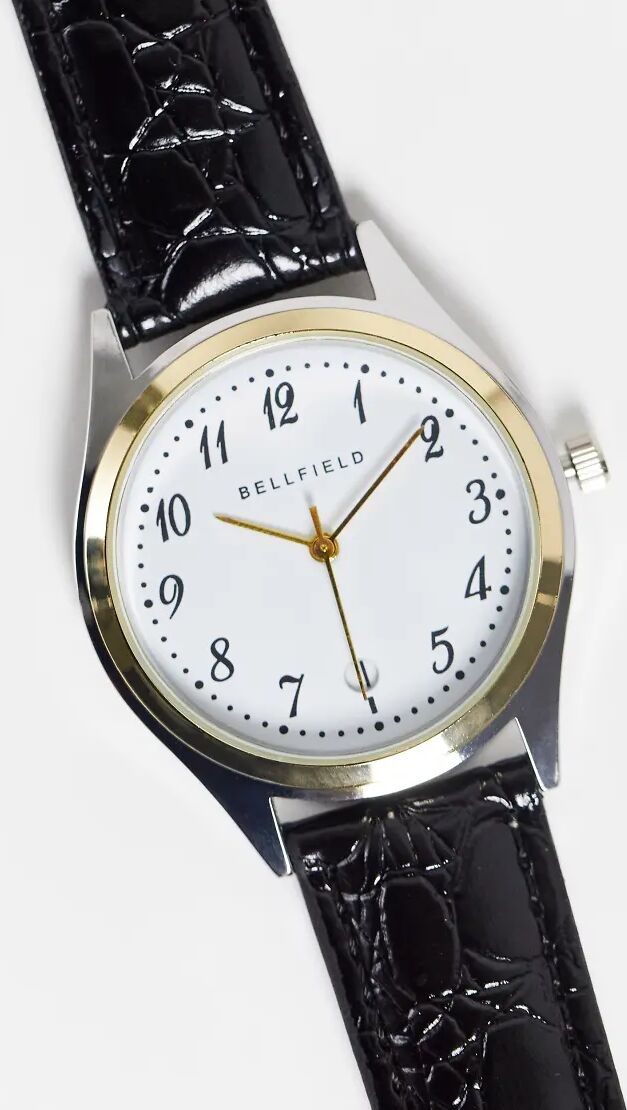 Bellfield mens watch with black leather strap and white dial  Black